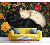 YXQAIED Papel pintado de gato blanco y negro, papel de pared floral para dormitorio, no autoadhesivo, papel pintado de animales lindos para sala de estar, fotos de flores de acuarela, murales de pared