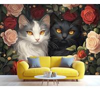 YXQAIED Papel pintado de gatos lindos en blanco y negro para sala de estar, no autoadhesivo, rosas vintage, papel pintado para dormitorio, papel pintado floral en acuarela 3D para pared y decoración