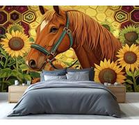 YXQAIED Papel pintado de girasol de 390 x 260 cm, papel pintado de flores amarillas para dormitorio, papel pintado fotográfico de caballo marrón, murales de pared geométricos de panal para decoración