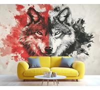 YXQAIED Papel pintado de lobo, papel pintado negro y rojo, papel pintado de cabeza de lobo no autoadhesivo para sala de estar, murales de pared de departamento de animales salvajes y decoración de