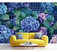 YXQAIED Papel pintado floral fresco, mural de pared azul y morado, papel tapiz fotográfico de hortensias de acuarela para decoración de dormitorio y sala de estar (no se pela ni se pega)