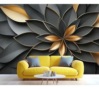 YXQAIED Papel pintado floral, papel tapiz abstracto de loto para sala de estar, papel de pared retro de lujo, no autoadhesivo, moderno mural grande 3D negro y dorado y póster de decoración del hogar