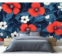 YXQAIED Papel pintado floral para decoración del hogar y mural, papel pintado de flores rojas y blancas, papel pintado de hojas azules simples para sala de estar, murales grandes no autoadhesivos