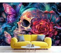 YXQAIED Papel pintado gótico, papel tapiz mexicano del Día de Muertos para sala de estar, no autoadhesivo, calavera rosa, papel pintado para dormitorio, mural grande 3D de mariposa y póster de