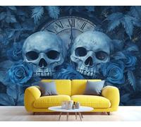 YXQAIED Papel pintado mexicano del Día de los Muertos, papel de pared de dormitorio con rosas azules, papel tapiz de calavera no autoadhesivo para sala de estar, mural grande 3D de flores de terror y