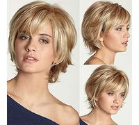 YXSHZ Peluca de pelo corto para mujer, color rubio, capa corta, pelo natural con flequillo, peluca sintética resistente al calor, pelucas completas