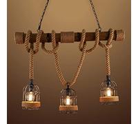 YXWYXWA 3 Heads Hemp Rope Vintage Industrial Lighting Hanging Light Cage Frame Wood Decoration Pendant Light Rope Ceiling Indoor E27 Socket For House Living Room Bar Restau