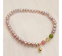 YXWYXWA Bracelet Natural Freshwater Pearl Bracelet 4Mm Pink Irregular Baroque Pearl Tourmaline Feng Shui Gilded Bell Lucky Charm Pendant Elastic Bracelet Amulet for Women Money Prosperity Femininity