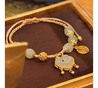 YXWYXWA Bracelet Natural Hetian Jade Bracelet 8Mm Nephrite Feng Shui Lucky Long Life Lock Charm Pendant Gilded Silver Fu Pendant Hand Woven Braid String Bracelet Amulet for Women Longevity Money