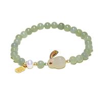 YXWYXWA Bracelet Natural Jade Bracelet 6Mm Hetian Jade Beads Freshwater Pearl Gilded Sterling Silver Inlaid Feng Shui Rabbit Lucky Charm Elastic Bracelet for Good Luck Money Prosperity