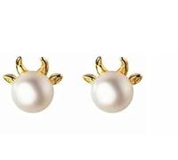 YXWYXWA Fashion Earrings Women's 925 Silver Pearl Earrings Animal Cow Small Earrings Women's Fashion Elegant Party Banquet Earrings Jewelry Dainty Earrings (Color : 1 Pair Silvery)