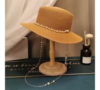 YXWYXWA Ladies Hat Retro Pearl Chain Flat Top Straw Hat Beach Holiday Straw Woven Sunshade Sunscreen Big Straw Hat