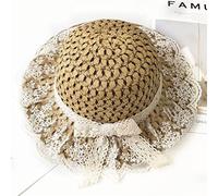 YXWYXWA Parent-Child Summer Women's Bucket Cap Beige Lace Bowknot Flowers Ribbon Flat Top Straw Hats Beach Caps
