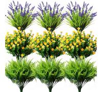 YXYQR - 18 piezas de flores artificiales de primavera, plantas para exteriores, resistentes a los rayos UV, decoración falsa de grama de mono, crisantemos, helechos de plástico, vegetación artificial