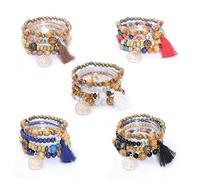YY Juego de 5 pulseras apilables de cuentas de madera de estilo bohemio, adecuadas para mujeres, adoptando estilo bohemio, diseño multicapa