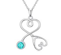 YYB Collar de regalo para enfermera, chapado en oro blanco de 18 quilates, plata de ley, estetoscopio, piedra natal, joyería para mujeres, medicina temática de enfermería, regalo para el día de la