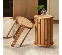 YYBHKHBY Taburete Redondo De Madera,Juego De 4 Taburetes Apilables Redondos De Madera Maciza con Revestimiento De Ratán Tejido,Taburete Nido Base con Ruedas para Comedor,Cherry,36x47cm