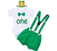 YYDSXK Conjunto Cumpleaños 1 Año Niño, Traje de Primer Cumpleaño, Monos de Manga Corta, Pantalones Cortos con Tirantes, Diadema de Coron, Ropa Bebe 1 Año Conjunto para Fotografía (Verde, 100)