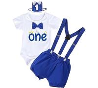 YYDSXK Conjunto Cumpleaños 1 Año Niño, Traje de Primer Cumpleaño, Monos de Manga Corta, Pantalones Cortos con Tirantes, Diadema de Coron, Ropa Bebe 1 Año Conjunto para Fotografía (Azul, 100)