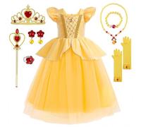 YYDSXK Disfraz Bella y Bestia Niña con Conjuntos de Collar de Corona Princesa, Vestido Princesa Niña, Rosa Bella y Bestia Vestido Elegante para Fiesta Cosplay Cumpleaños