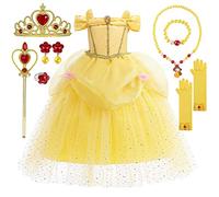 YYDSXK Disfraz Princesa Niña Bella y Bestia Con Collar y Corona, Vestido Elegante Rosa Para Fiesta Cosplay Cumpleaños