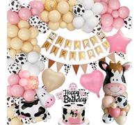 YYDSXK Globos de Cumpleaños Niña, Rosa Globos de Vaca con Pancarta de Happy Birthday, Globos de Papel de Vaca, Decoracion Cumpleaños para Tartas, Feliz Cumpleaños Decoracion para Cowboy, Baby Shower