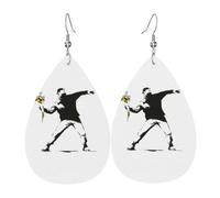 YYHHAOFA Pendientes de piel con diseño de lágrima con estampado de flores blancas, aretes colgantes ligeros para mujer, gotas de piel sintética de colores vivos con ganchos chapados en plata