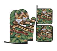 YYHHAOFA The story of the snake and the cat Pattern Kitchen Baking Set, oven gloves thick and insulated four piece suit