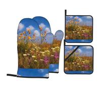 YYHHAOFA Wildflowers on the prairie - Juego de cocina para hornear, guantes de horno, traje de cuatro piezas grueso y aislado