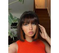 YYHR Peluca corta estilo Bob con flequillo, 25,4 cm, color marrón oscuro, mezcla de marrón claro, pelucas Yaki de pelo liso para uso diario, pelucas de repuesto de pelo sintético suave y claro (10