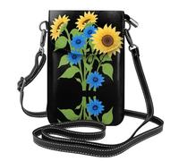 YYHWHJDE Bolso pequeño para teléfono celular de 7.6 x 4.9 pulgadas, diseño de girasoles entre flores azules, funda cruzada de cuero con solapa para mujer, perfecta para caminar, acampar