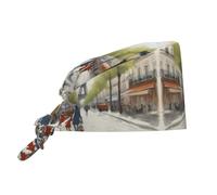 YYHWHJDE Gorro de trabajo de limpieza con escena callejera de París, Torre Eiffel, sombrero de chef impreso para mujeres y hombres, ajustable, transpirable, negro