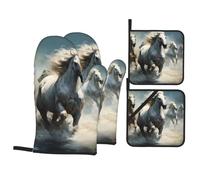 YYHWHJDE Horses Running Wild in The River Prints - Juego de 4 piezas para hornear de cocina, manoplas de horno aisladas y soportes para ollas, antiquemaduras y aislamiento térmico