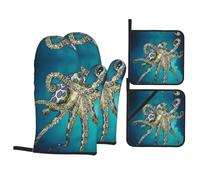 YYHWHJDE Juego de manoplas y soportes para ollas de cocina con estampado de pulpo con anillos azules, poliéster impermeable, resistente al calor, 4 piezas