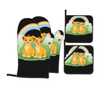 YYHWHJDE Lion Cubs under the Rainbow Prints Juego de cocina para hornear, guantes de horno, traje de cuatro piezas grueso y aislado