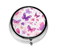 YYHWHJDE Pastillero redondo de 2 x 2 x 0.7 pulgadas, mini caja organizadora de pastillas de medicina de viaje para bolso, bolsillo rosa y morado con estampado de mariposas