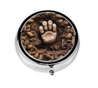 YYHWHJDE Pastillero redondo de 2 x 2 x 0.7 pulgadas, mini caja organizadora de pastillas de medicina de viaje para bolso, bolsillo, impresión de huesos y huellas