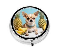 YYHWHJDE Pastillero redondo de 2 x 2 x 0.7 pulgadas, mini caja organizadora de pastillas de viaje para bolso de bolsillo, chihuahua, perro, piña impresa