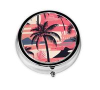 YYHWHJDE Pastillero redondo de 2 x 2 x 0.7 pulgadas, mini organizador de pastillas de medicina de viaje para bolso, bolsillo, impresión rosa de puesta de sol en la playa