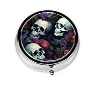 YYHWHJDE Pastillero redondo de 2 x 2 x 0.7 pulgadas, mini organizador de pastillas de medicina de viaje para bolso, bolsillo horrible, calaveras oscuras, patrón de flores