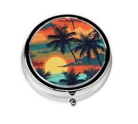 YYHWHJDE Pastillero redondo de 2 x 2 x 0.7 pulgadas, mini organizador de pastillas de medicina de viaje para bolso, bolsillo, impresión tropical de puesta de sol