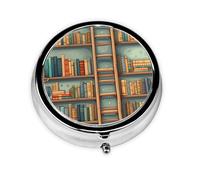YYHWHJDE Pastillero redondo de 2 x 2 x 0.7 pulgadas, mini organizador de pastillas de medicina de viaje para bolso, bolsillo, colección de estantes de libros divertidos e impresión de escalera