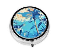YYHWHJDE Pastillero redondo de 2 x 2 x 0.7 pulgadas, mini organizador de pastillas de viaje para bolso, palmeras y tortugas marinas buceando bajo el agua. Impresión