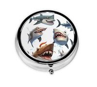 YYHWHJDE Pastillero redondo de 2 x 2 x 0.7 pulgadas, mini organizador de pastillas de viaje para bolso, bolsillo, impresión de tiburones de dibujos animados