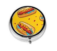 YYHWHJDE Pastillero redondo de 2 x 2 x 0.7 pulgadas, mini organizador de pastillas de viaje para bolso, bolsillo, comida divertida, perros calientes, impresión