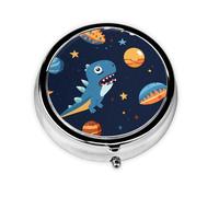 YYHWHJDE Pastillero redondo de 2 x 2 x 0.7 pulgadas, mini organizador de pastillas de viaje para bolsillo de bolso, divertido astronauta dinosaurio cohete impresión
