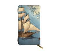 YYHWHJDE Sailboat Drifting on The Sea Map - Cartera larga de piel de calidad diseñada para niñas y mujeres a la moda, elegante, 19 x 10,5 cm, Black, Talla única