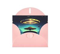 YYHWHJDE Tarjeta de felicitación rosa con patrón de descenso de nave espacial para invitaciones de fiesta de cumpleaños festiva