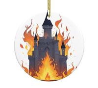 YYHWHJDE The Castle Burning Flames Picture Christmas Ceramic Decoration Circular Interior Decoration Gift -7.4 cm