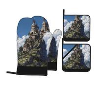 YYHWHJDE The castle on top of the hill Prints - Juego de cocina para hornear, guantes de horno, traje de cuatro piezas grueso y aislado
